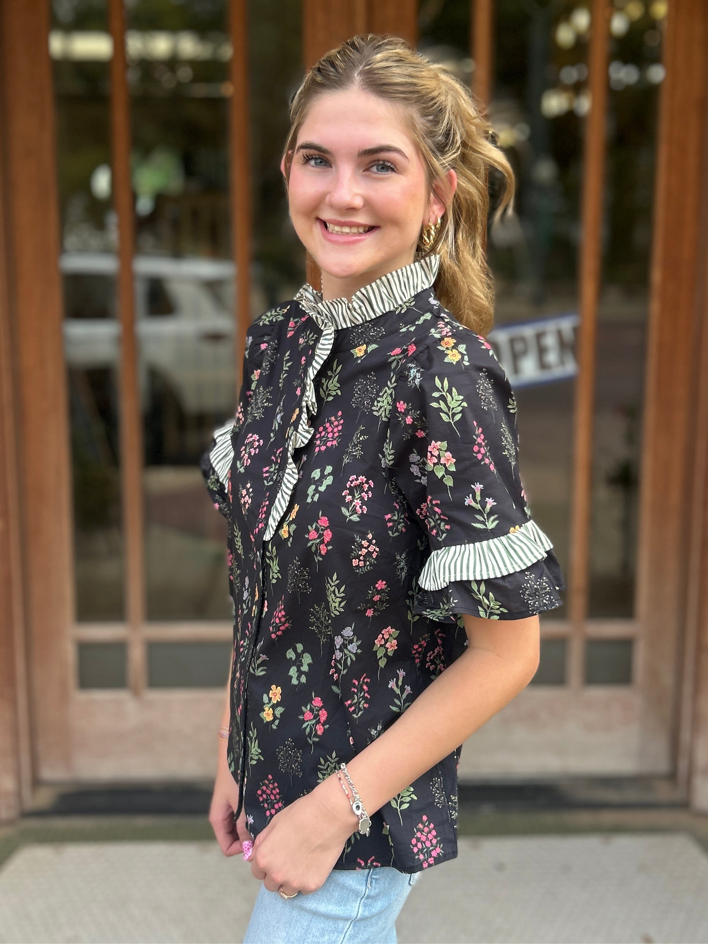 Tops | Blouse Black Multi Floral White/Green Stripe Ruffle Button Up