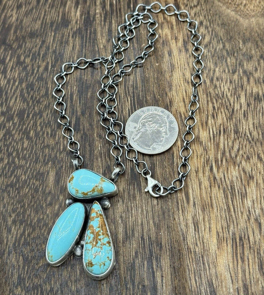 Navajo Handmade Sterling Silver Mixed Turquoise Cluster Bar Necklace 18”