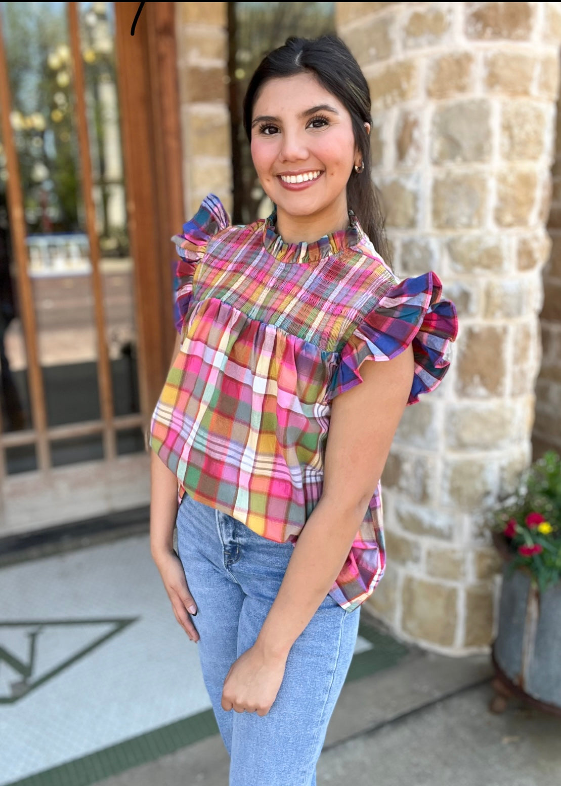Tops | Blouse Stained Glass Vintage Plaid Ruffle Sleeve Smocked
