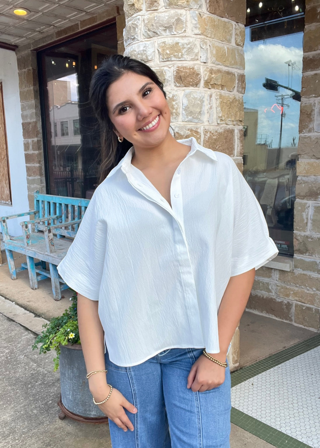 Tops | Blouse Relaxed Fit Hidden Placket Short Sleeve
