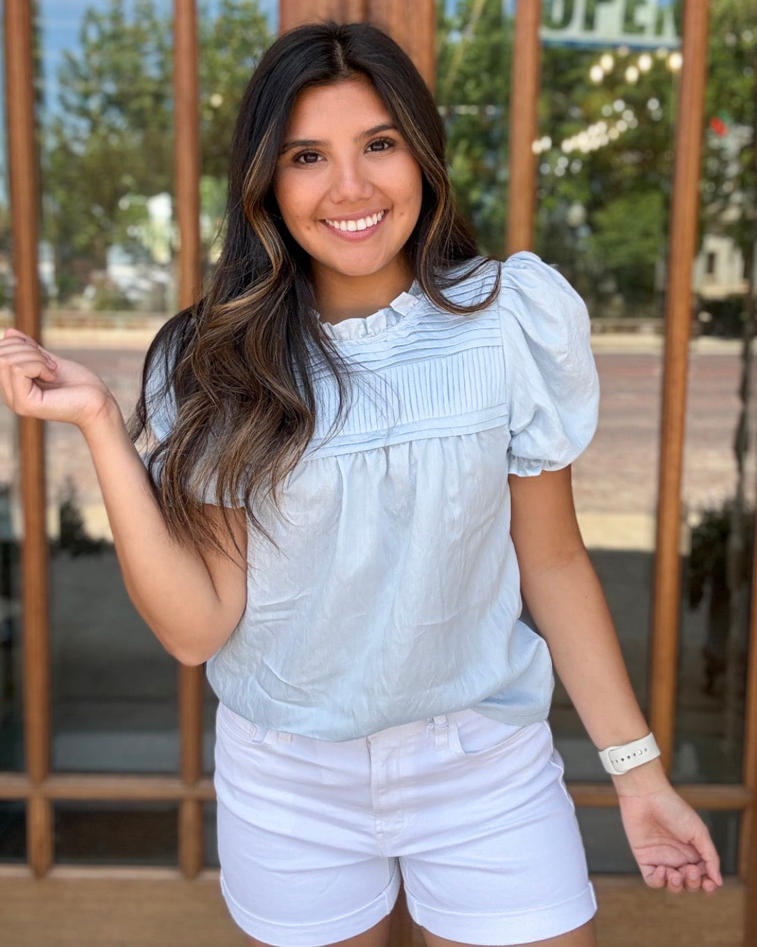Blouse - Blue Pleated Yoke Detail