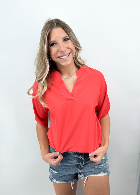 Tops | Blouse Fire Brick Color V-Neck Short Sleeve