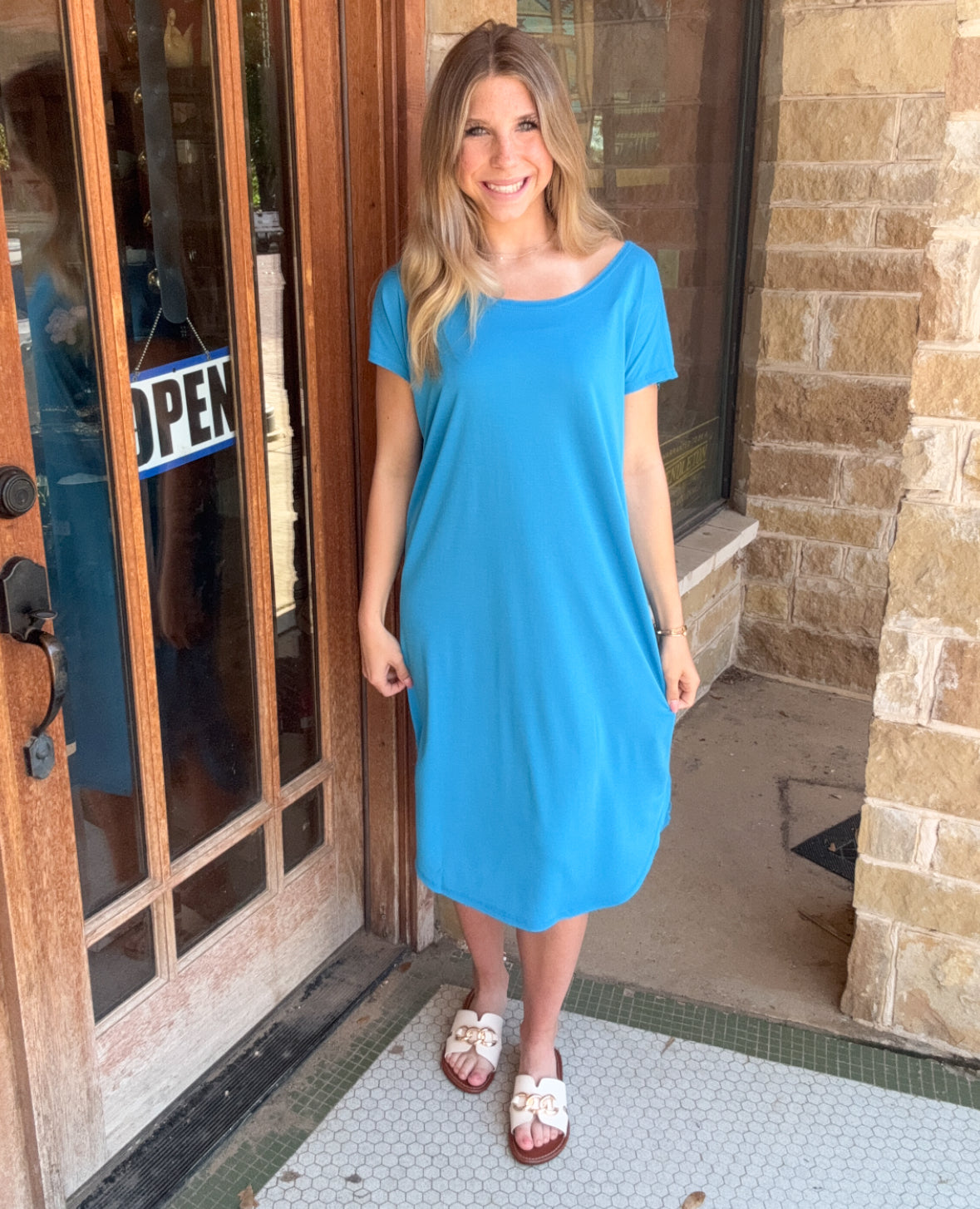 Dresses | Midi Blue Soft High Low Scoop Neck Short Sleeve