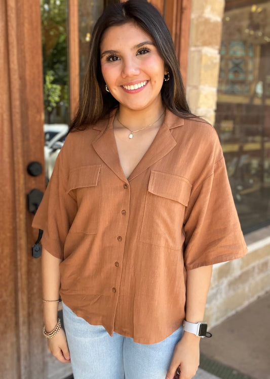 Tops | Blouse Brown Linen Camp Collar Collared V Neck W/Chest Pockets Elbow Sleeves Below Waist