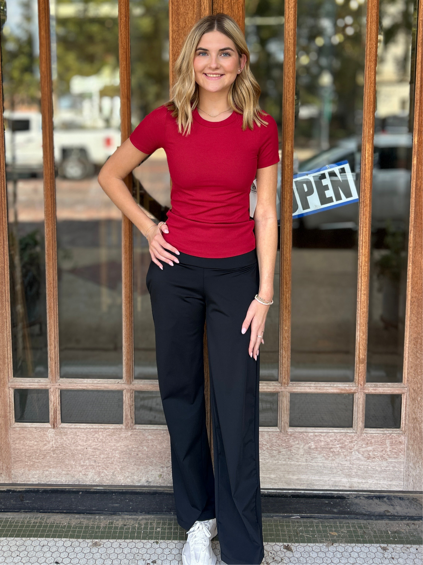 Athleisure | Top Garnet Red Essential Short-Sleeved Micro-Ribbed