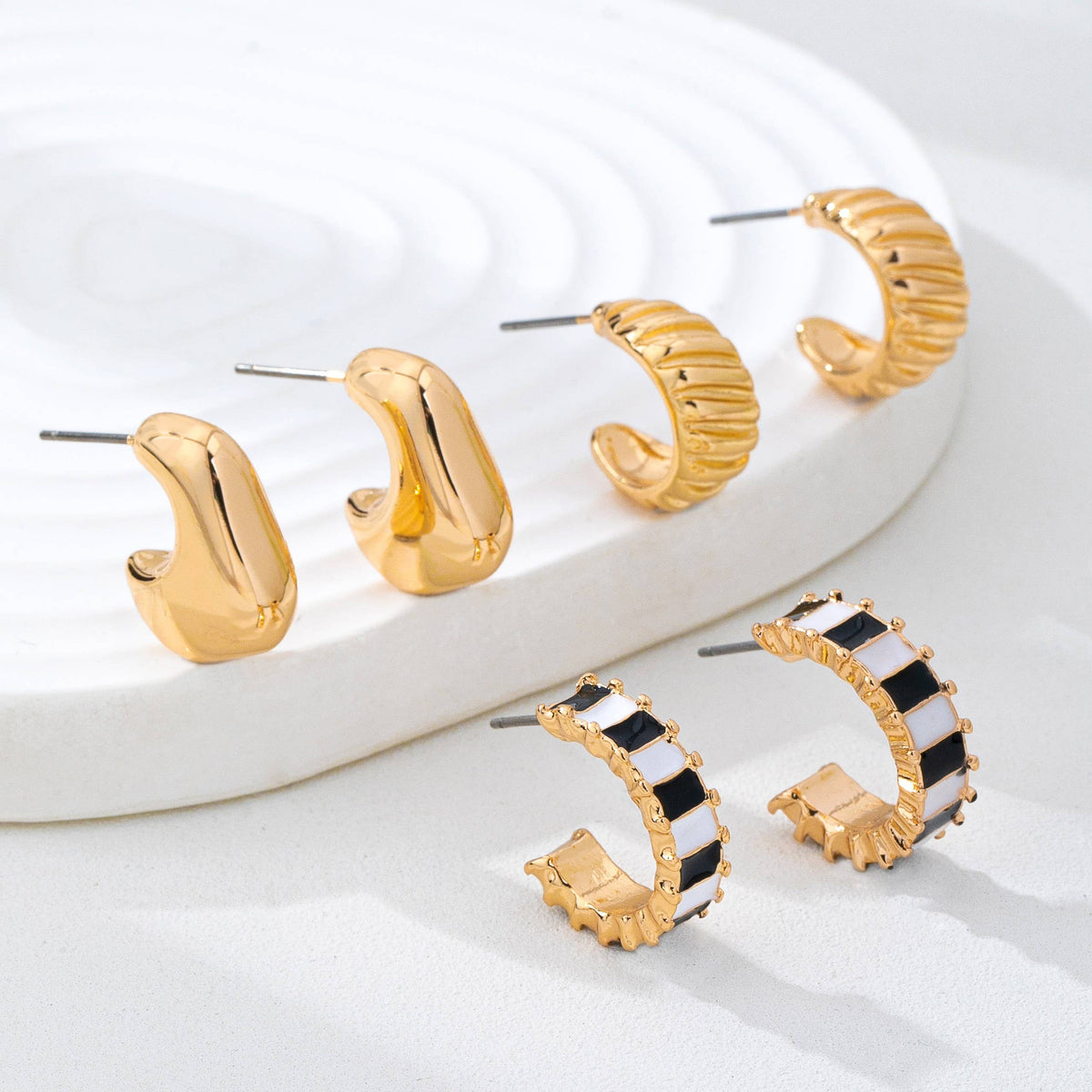 Earrings - Checker Textured Huggie Hoop Trio