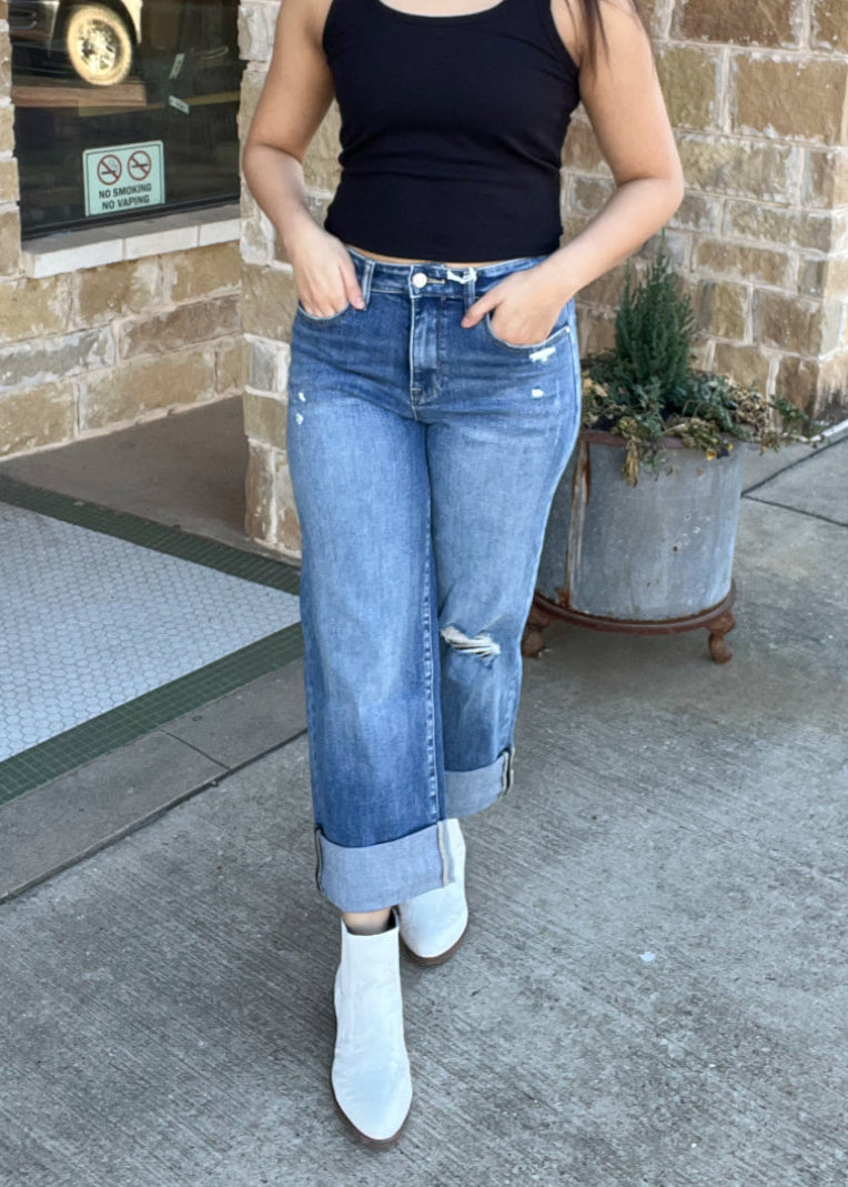 Bottoms | High Rise Loose Straight W/Double Cuffed Hem Jeans