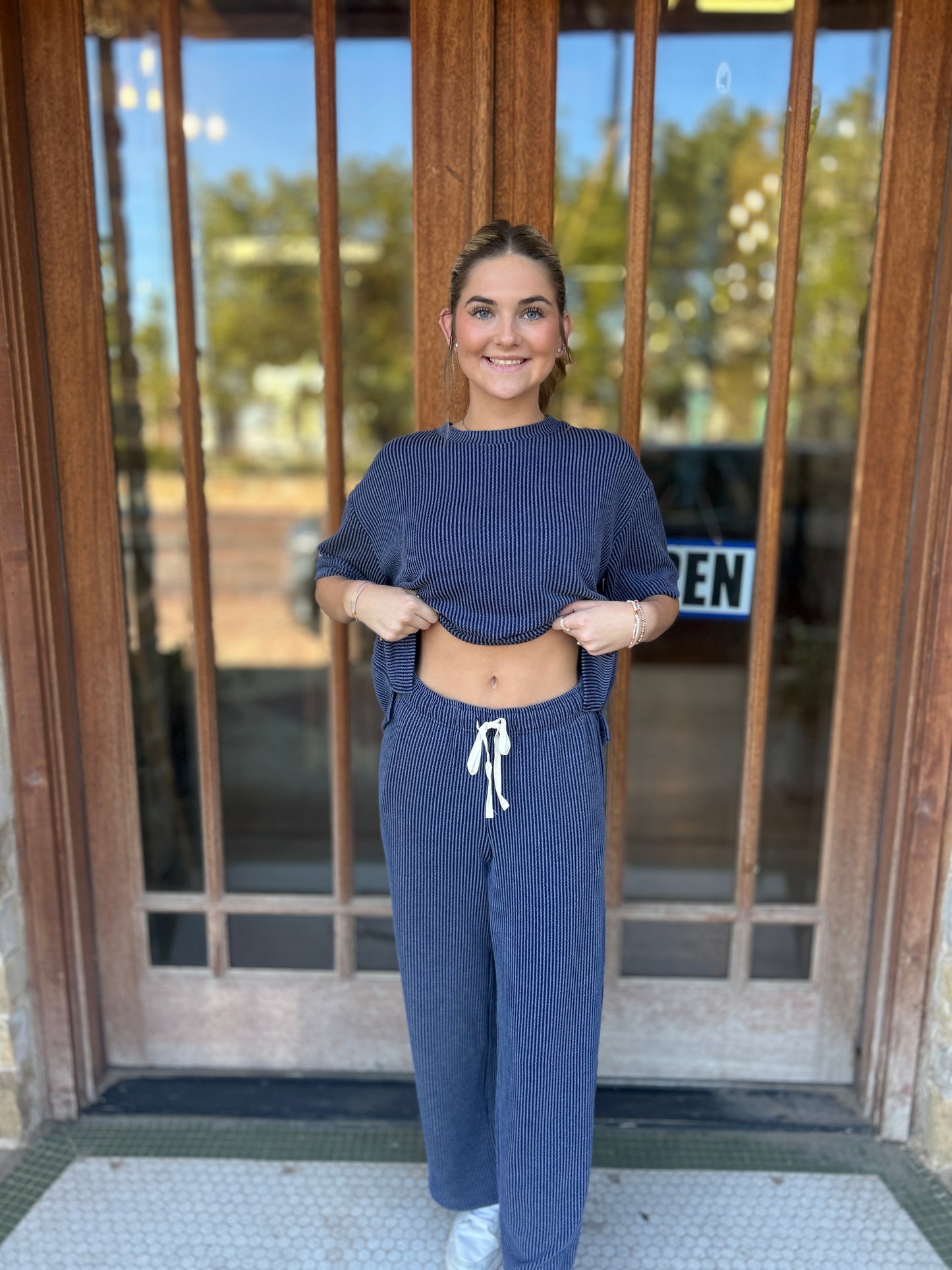 Sets | Raised Rib Short Sleeve Tee & Pants Navy