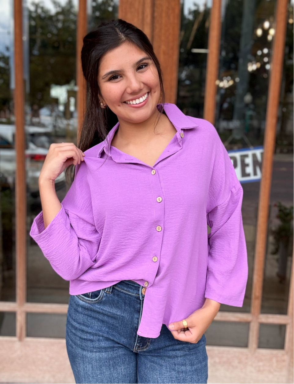 Tops | Purple Pleated Lapel Shirt Button Down