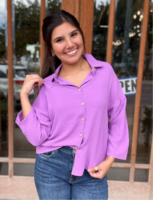 Tops | Purple Pleated Lapel Shirt Button Down