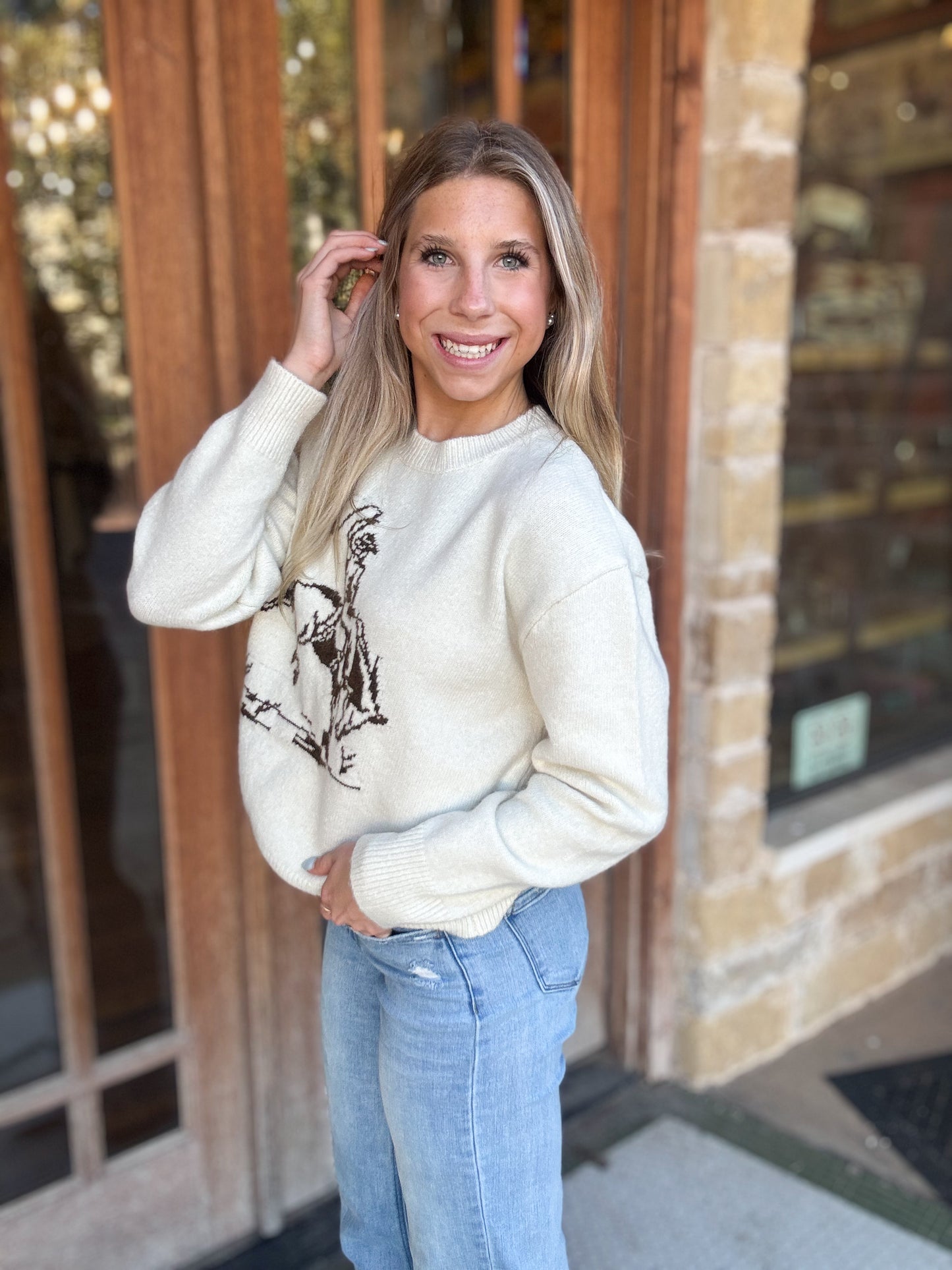 Tops | Sweater Ivory Cowboy Graphic Crew Ivory