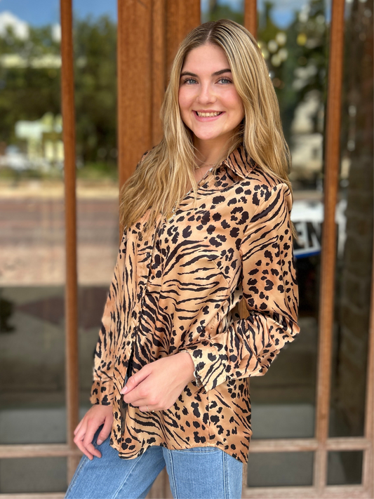 Tops | Blouse Satin Tiger Print Long Sleeve Button