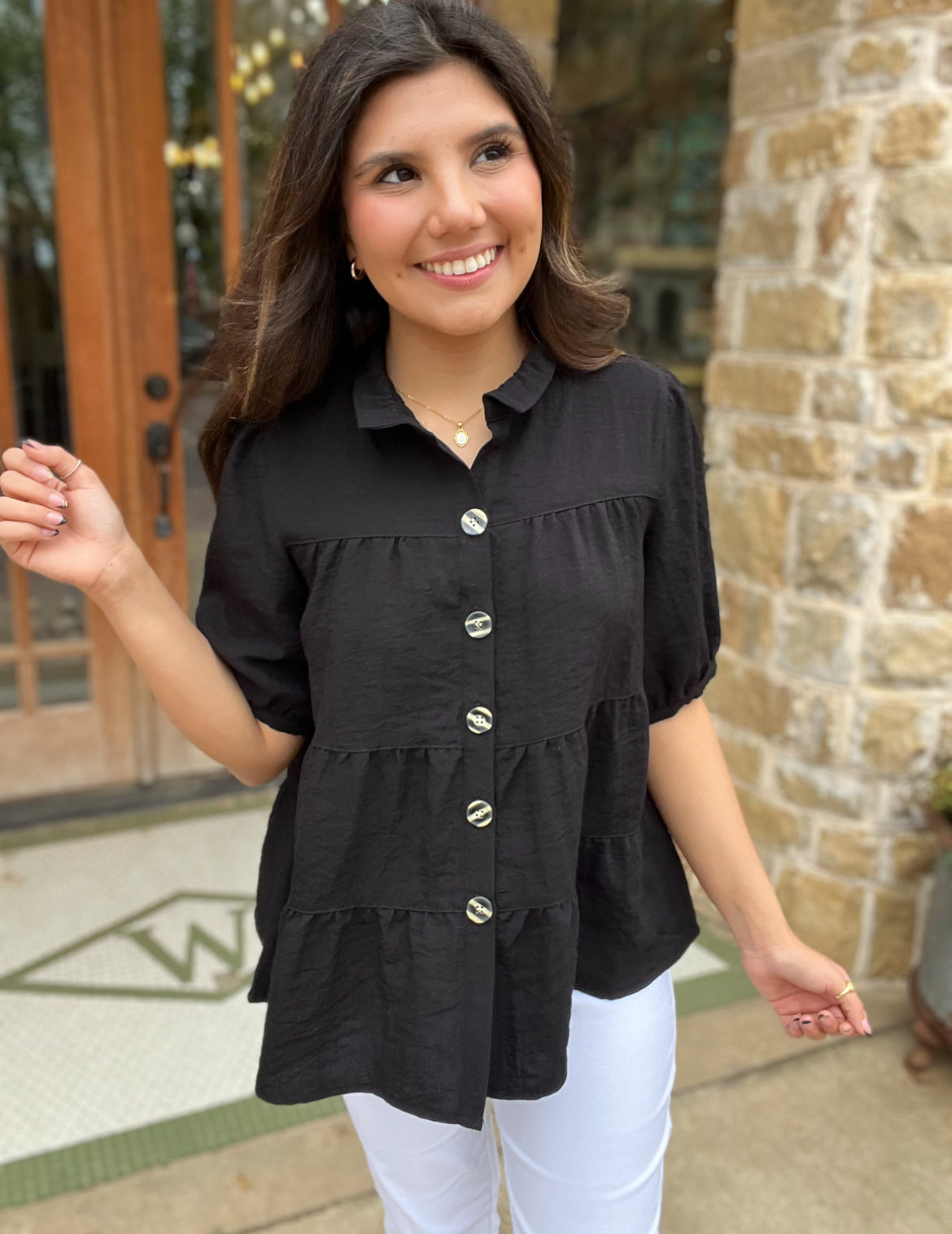 John Mark Solid Button Front Wire Collar Short Sleeves W/Tiered Body