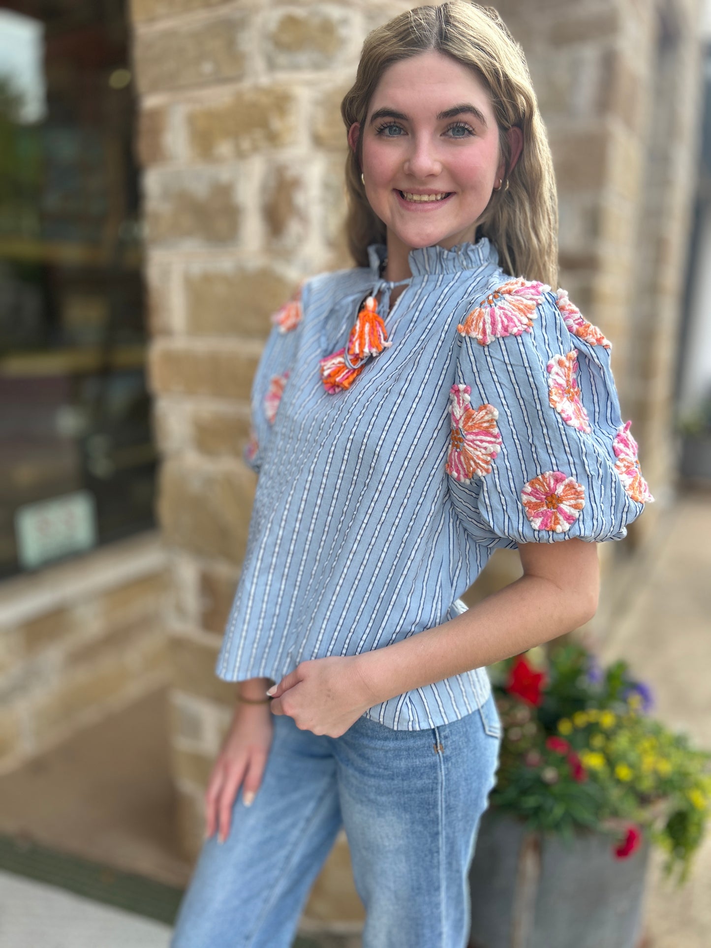 THML Hand Embroidered Puff Sleeve Stripe Top