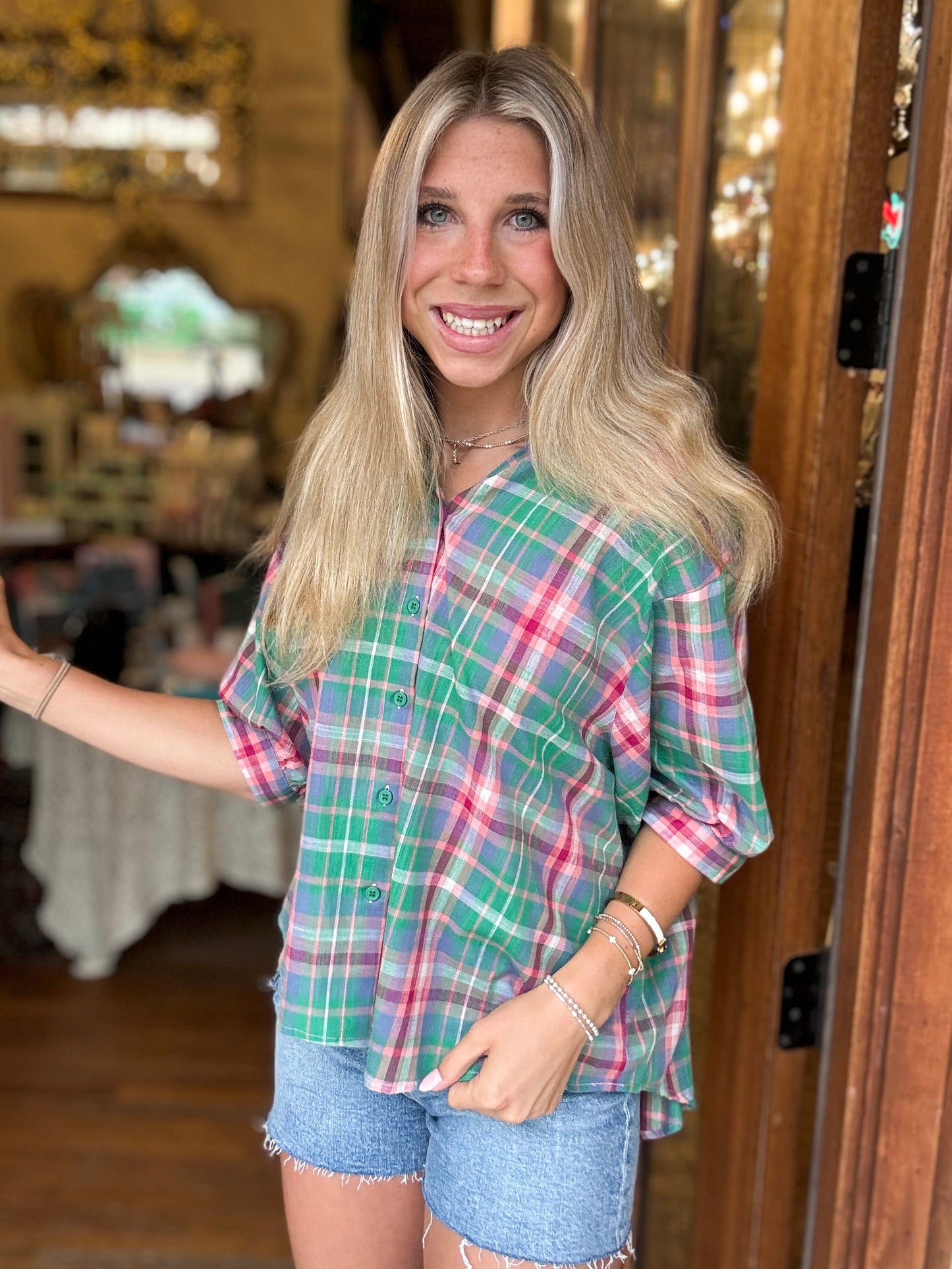 Blouse - Plaid Collared Button Front