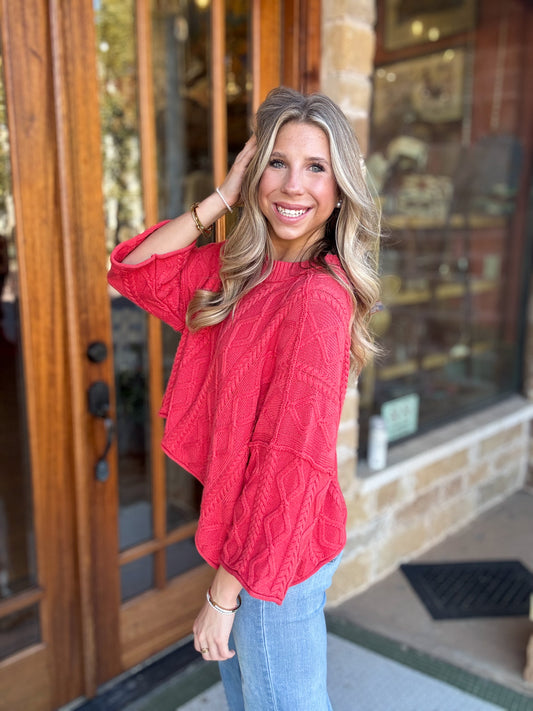 Tops | Sweater Knit Cable Cotton 3/4 Sleeve Dusty Red