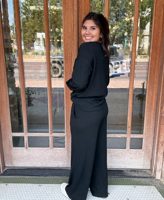 Sets | Black Textured Chest Pocket Long Sleeve