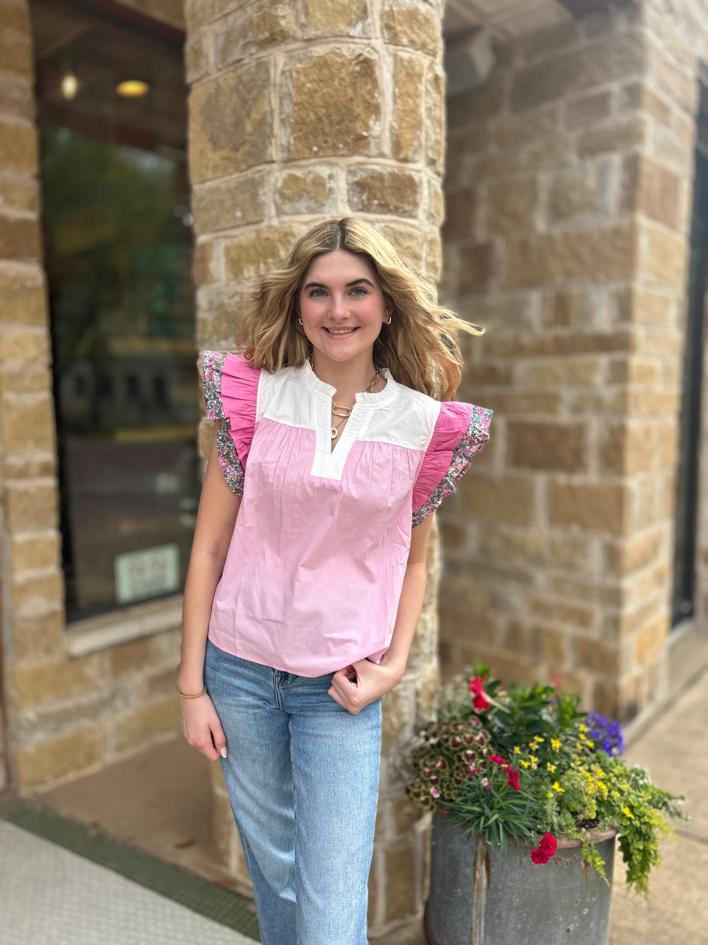 Jodifl Pink Floral Ruffle Top