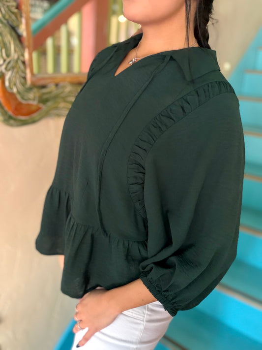 Blouse - Hunter Green Ruffle Peplum