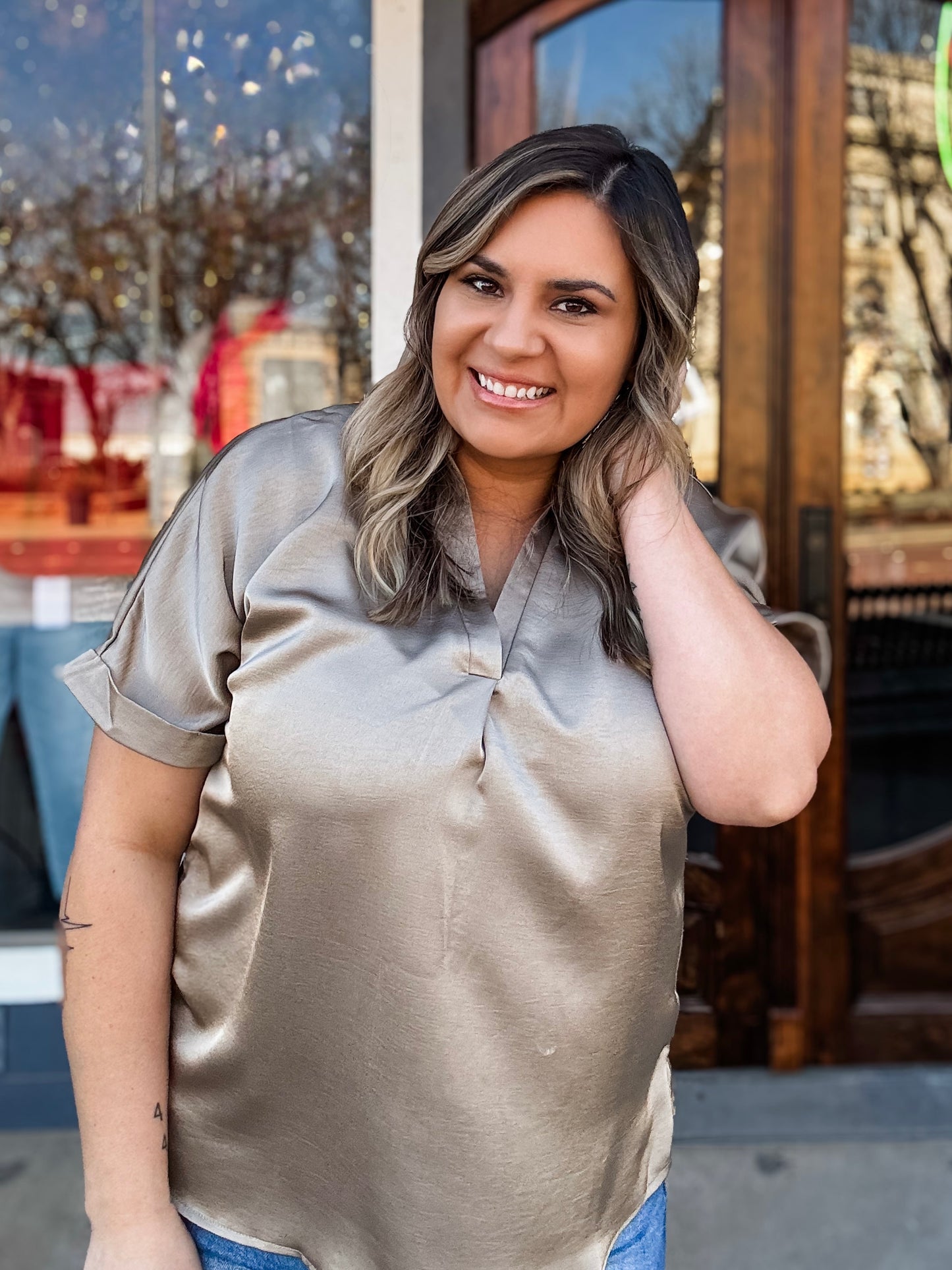Blouse - Mocha V-Neck Placket