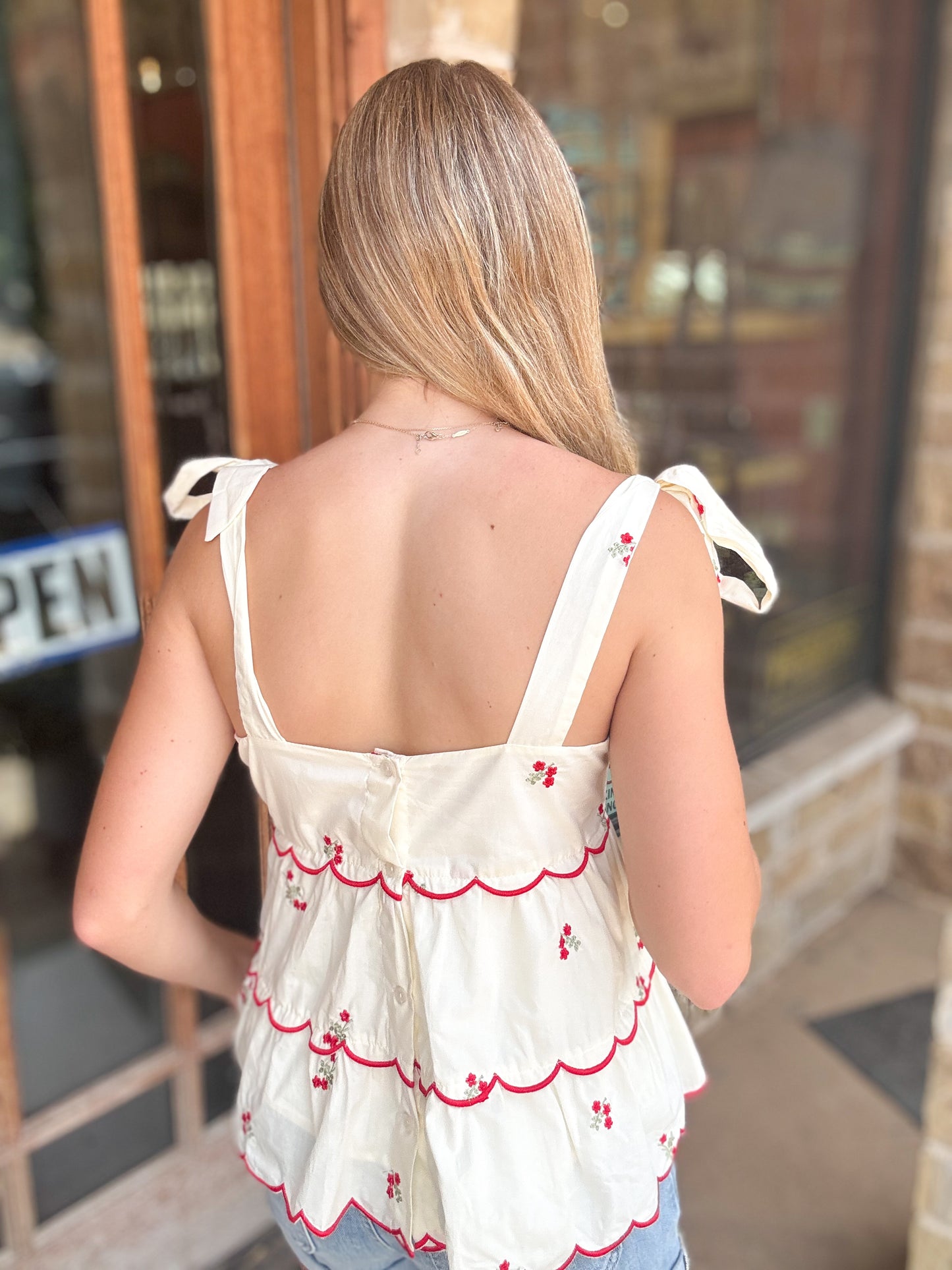 Tops | Blouse Embroidered Cream Woven Tie Shoulder Tired Two Way