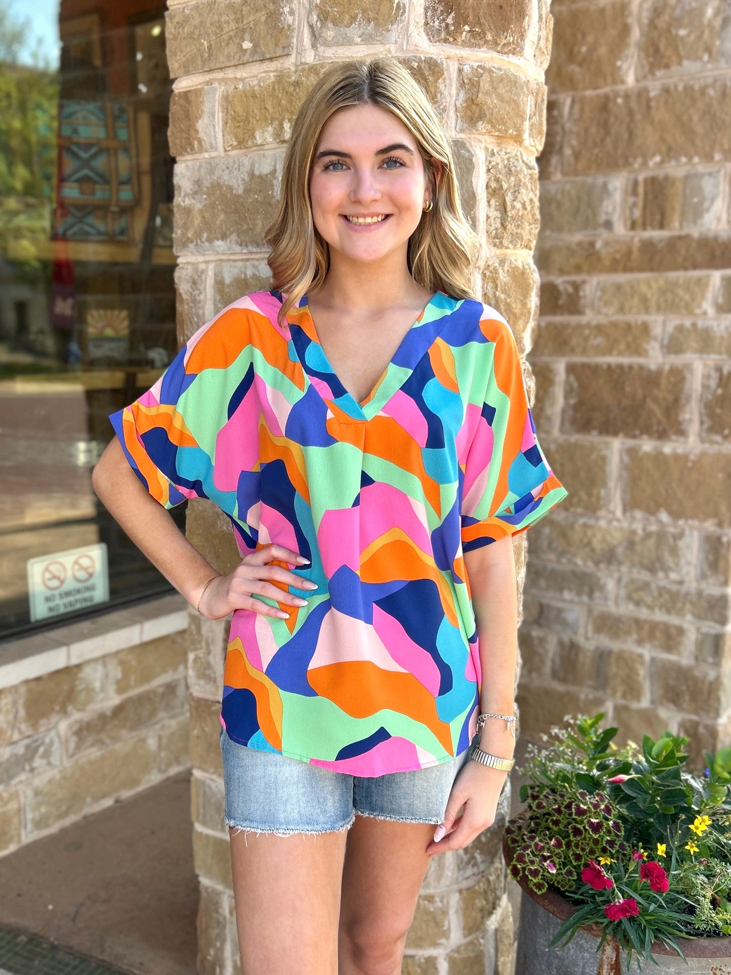 Tops | Blouse Multi V-Neck Short Roll-Up Sleeve Geo Woven