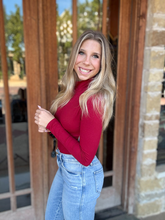 Tops | Turtleneck Micro Ribbed Long Sleeve Garnet Red