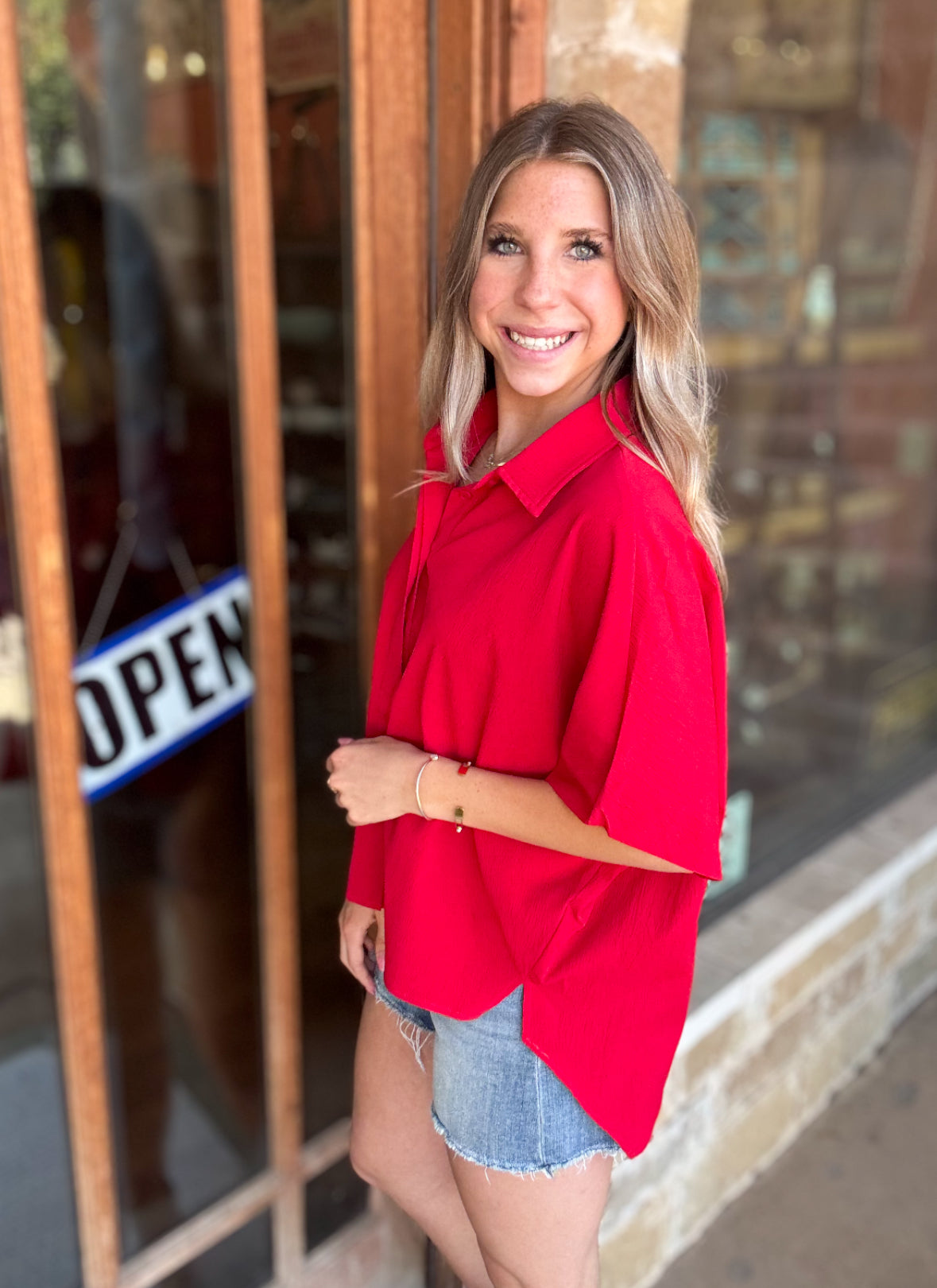 Tops | Blouse Relaxed Fit Hidden Placket Short Sleeve