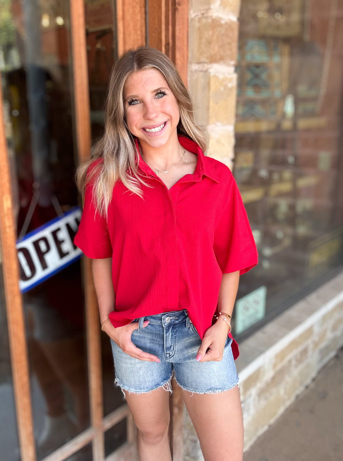 Tops | Blouse Relaxed Fit Hidden Placket Short Sleeve