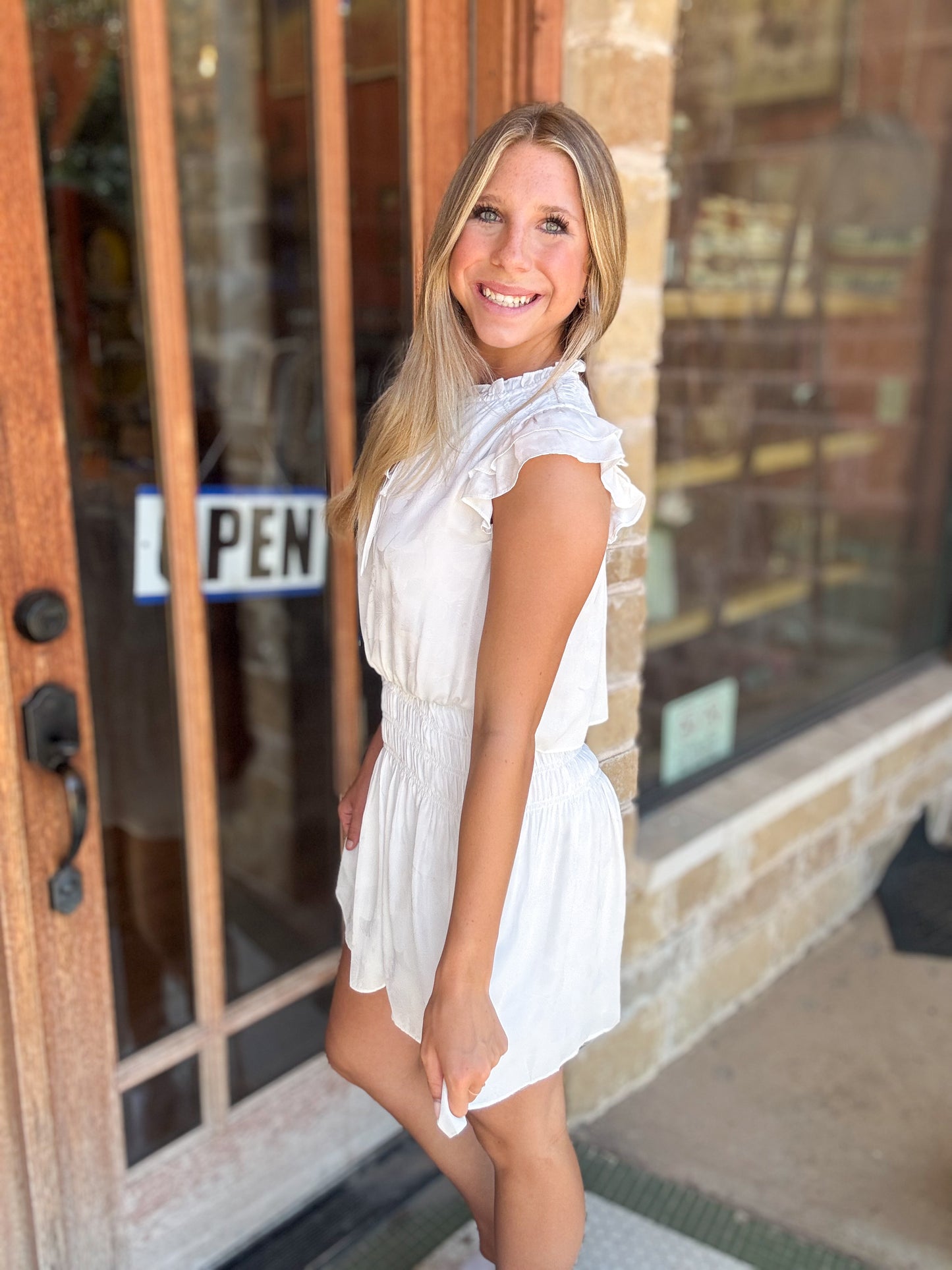 Dress | White Neck Ruffled With Self Tie And Flutter Sleeve Smocked Detail Dress