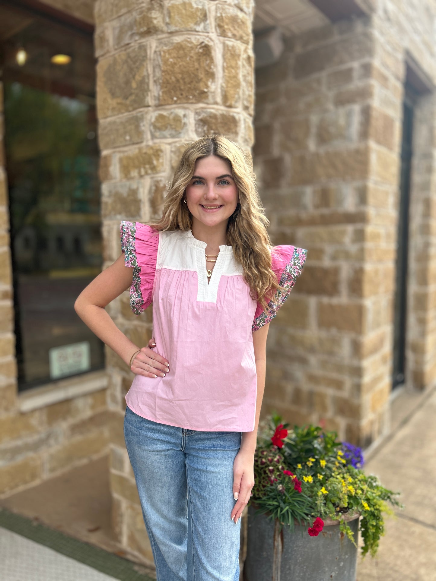 Jodifl Pink Floral Ruffle Top