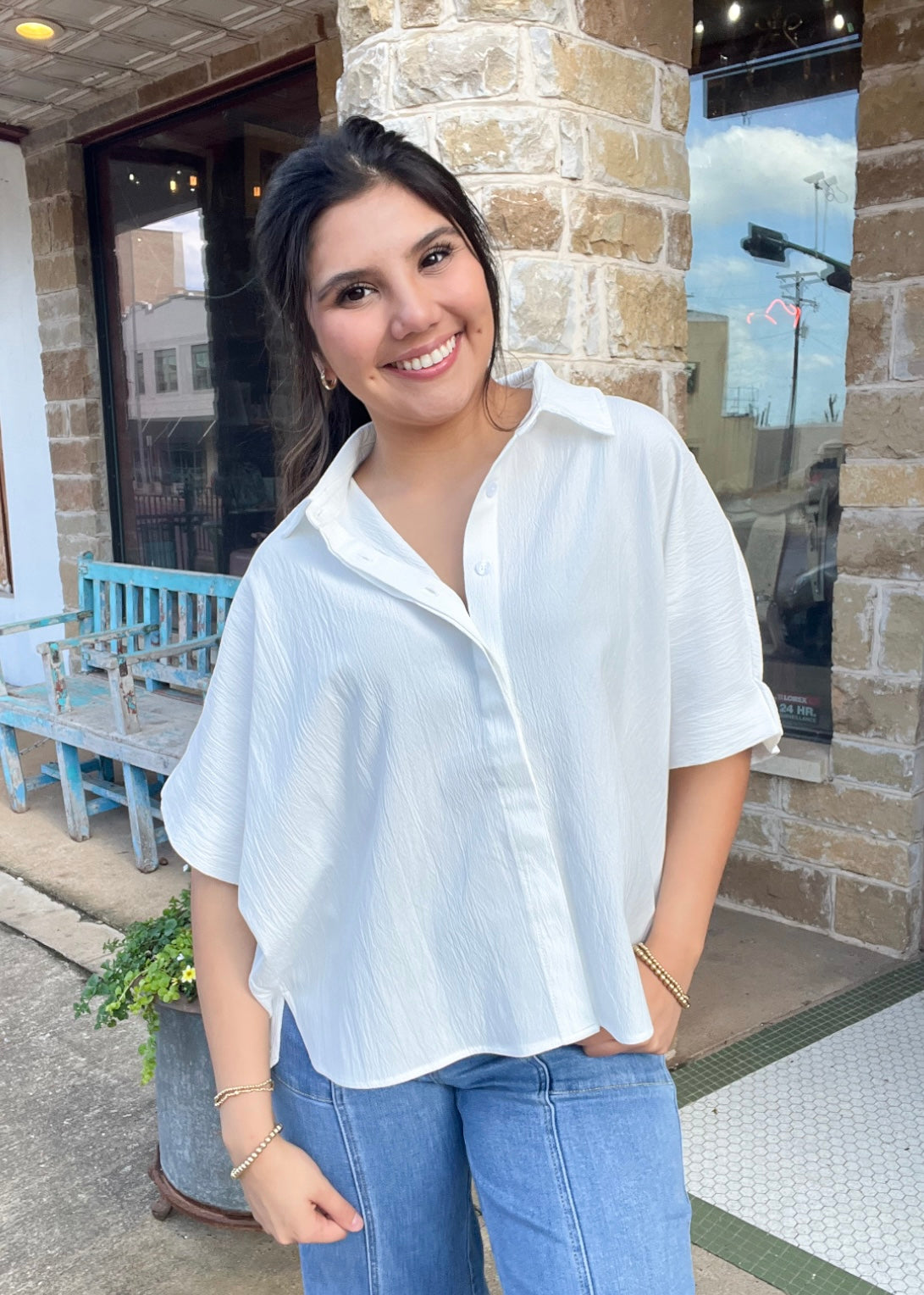 Tops | Blouse Relaxed Fit Hidden Placket Short Sleeve