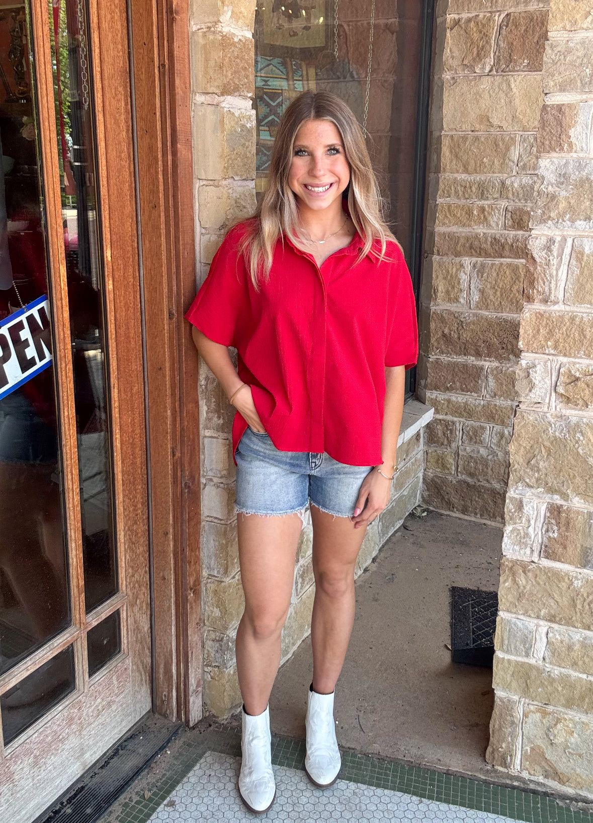 Tops | Blouse Relaxed Fit Hidden Placket Short Sleeve