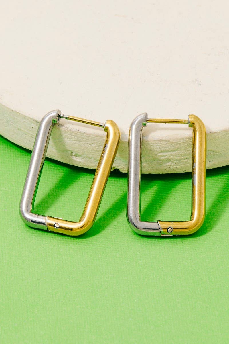 Stainless Steel Two Tone Rectangle Hinge Hoop Earrings