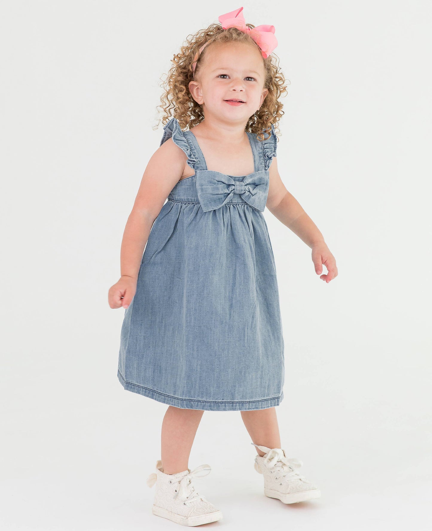 Girls | Light Wash Flutter Bow Woven Dress