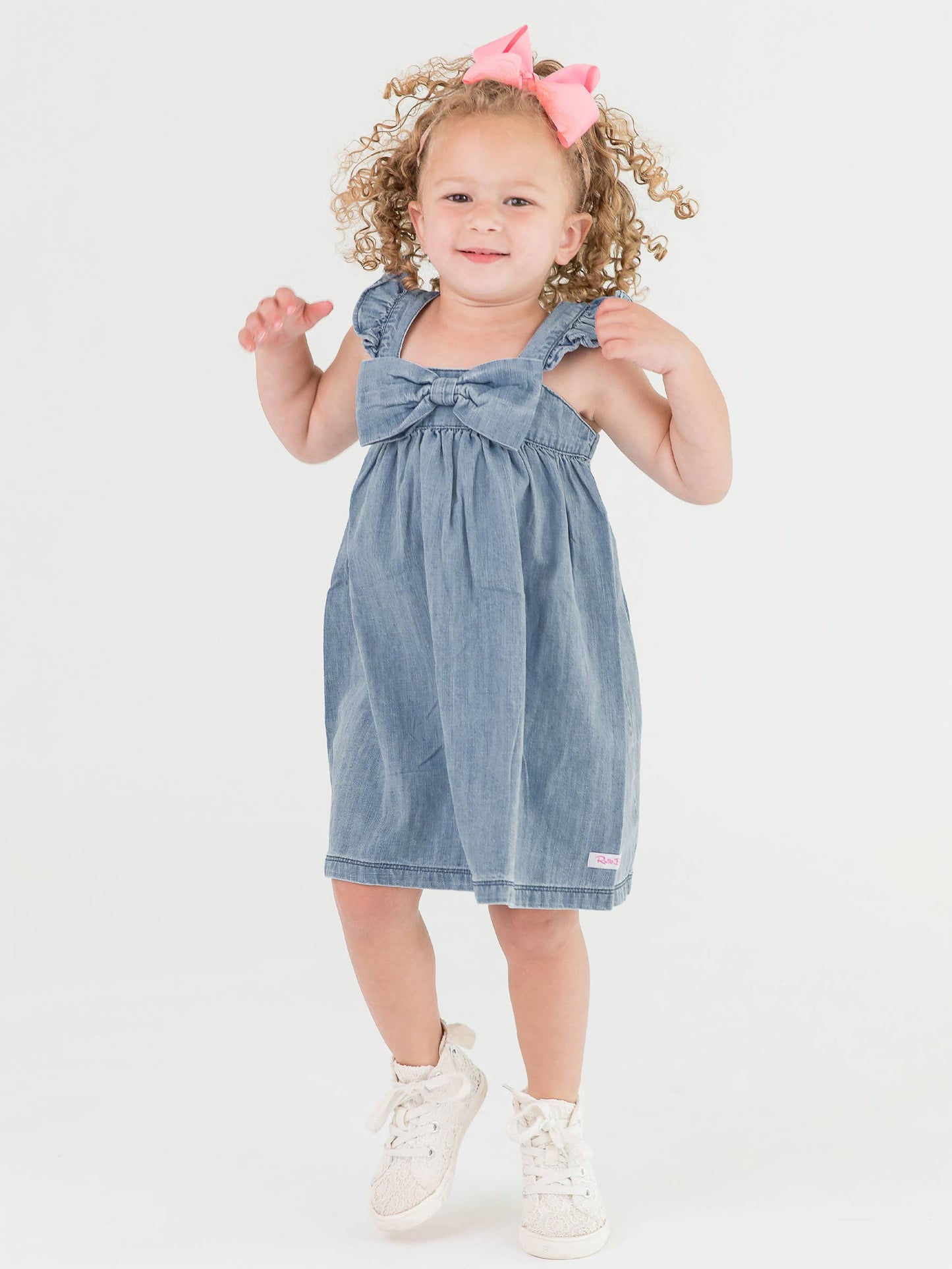 Girls | Light Wash Flutter Bow Woven Dress