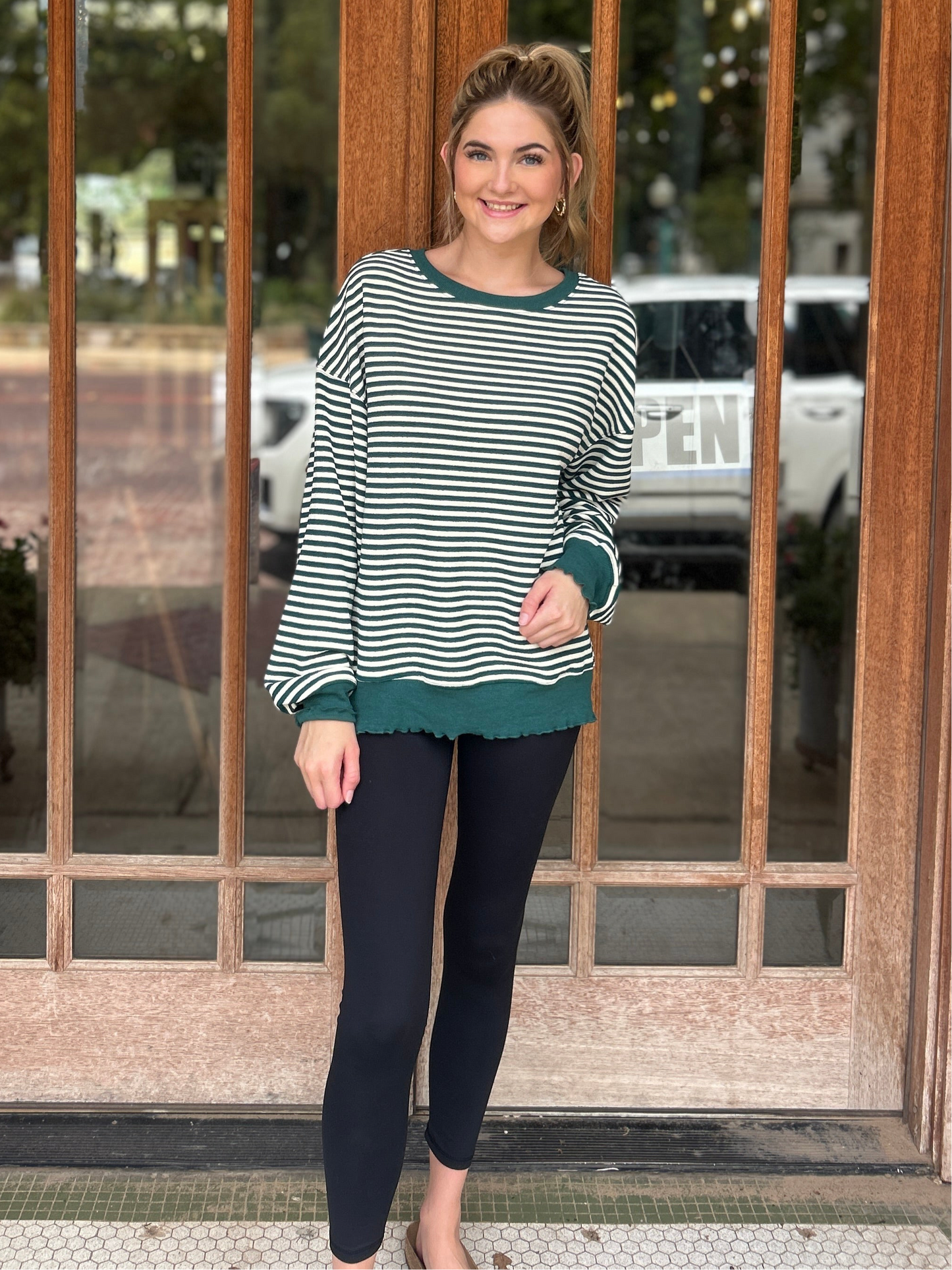 Tops | Sweater Dop Shoulder Long Sleeve Green/White