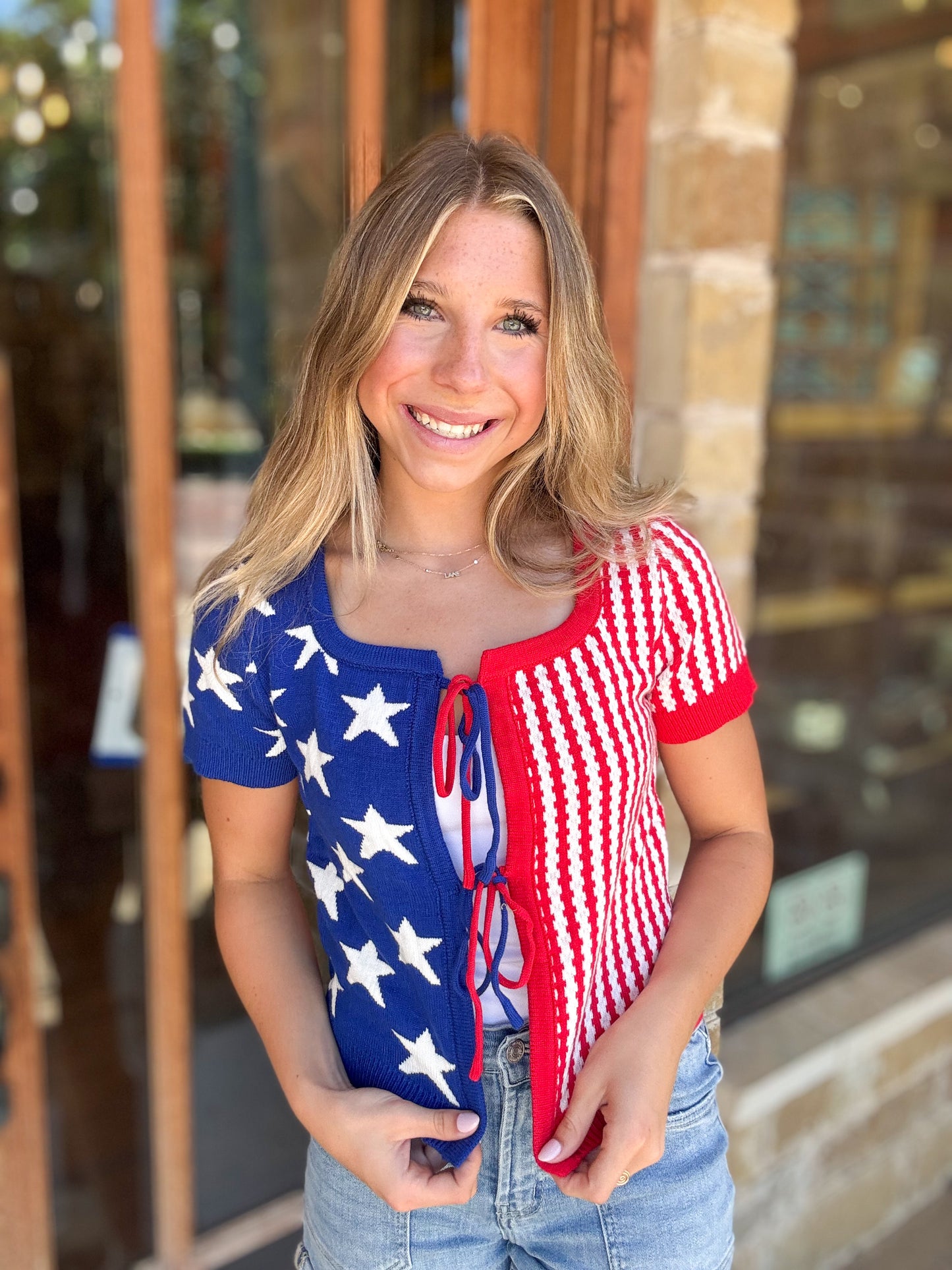 Tops | Sweater Stars & Stripe Front Bow Tie Fourth of July