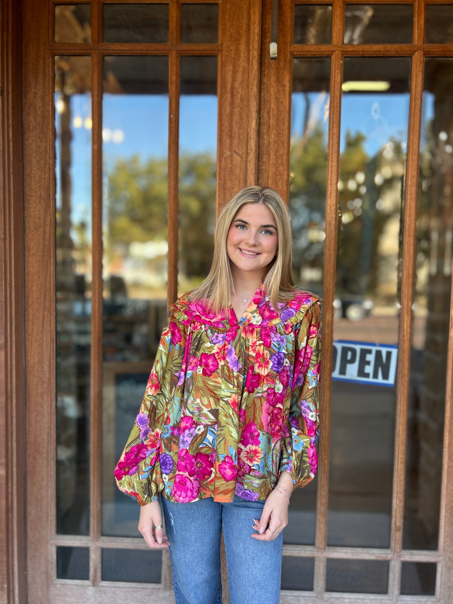 Tops | Blouse Floral Yoke Detail Balloon Sleeve