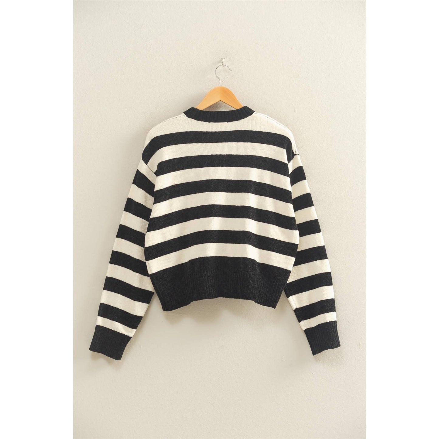 Tops | Sweater Black/Whip Cream Striped With Ribbed Edge