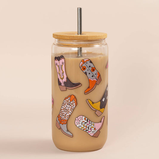 Drinkware | Glass Canister With Lid/Straw Western Cowgirl Boots