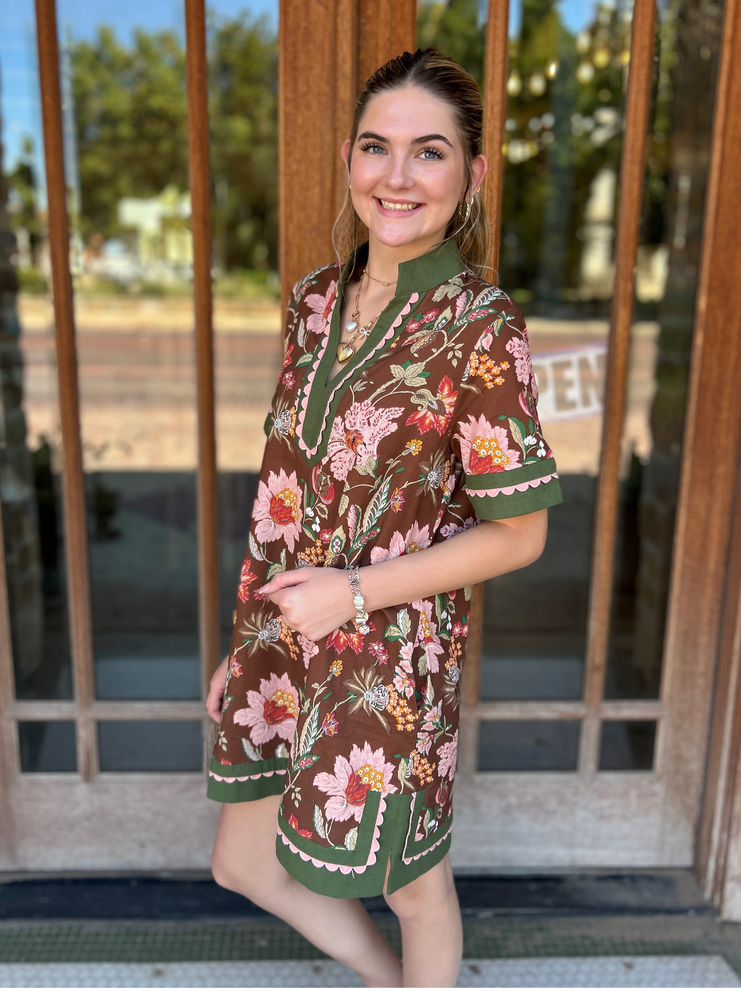 Dress | Brown Floral with Pink Scallop Trim