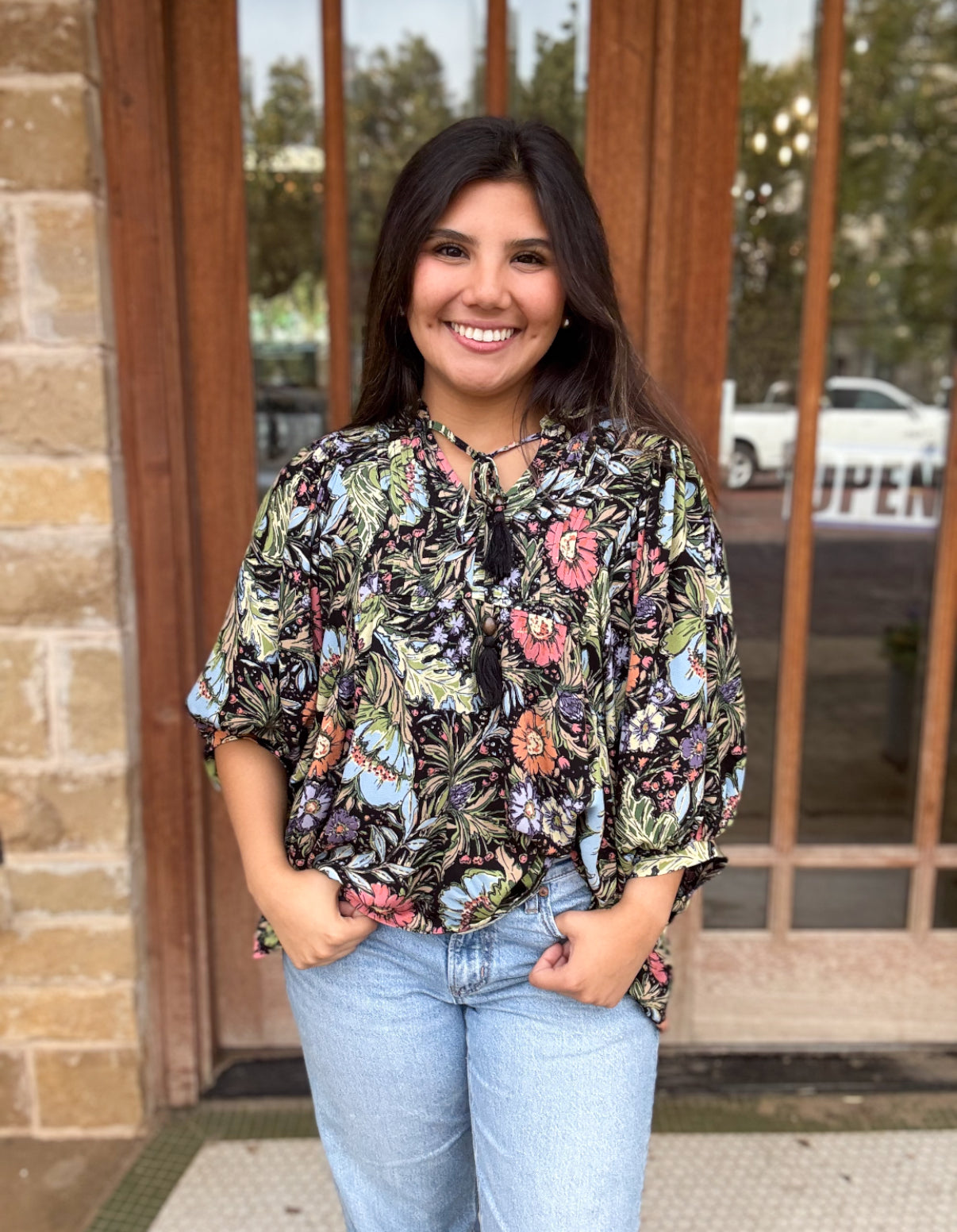 Tops | Blouse Charcoal Multi Floral Printed 3/4 Sleeve