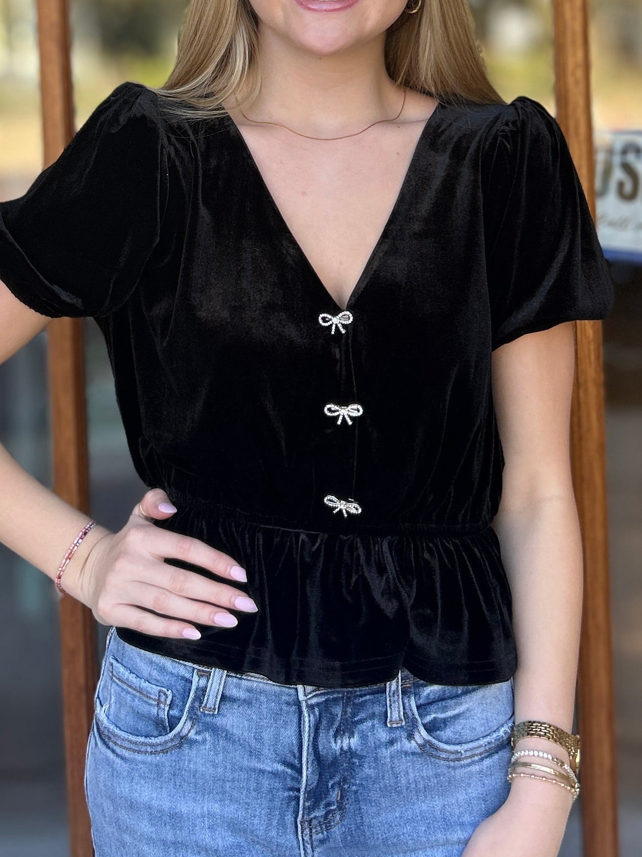 Tops | Blouse Velvet with Ribbon Embellished