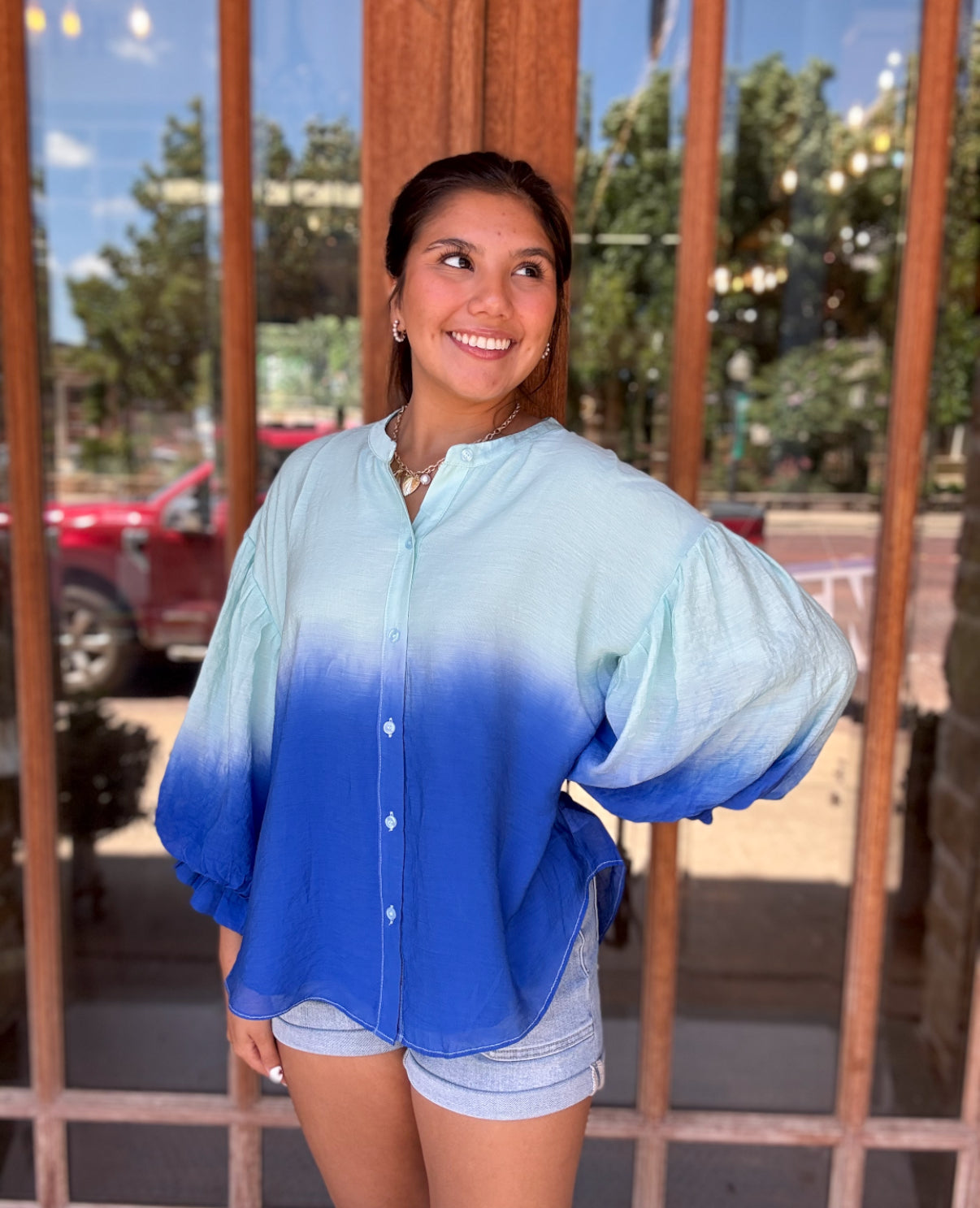 Top | Blouse Mint Blue Round Neck 3/4 Sleeve Button Down