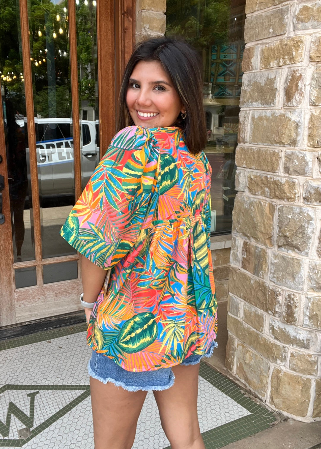 Tops | Tru Luxe Blouse Floral Tie Neck Shirred Yoke Front and Back Bell Sleeves