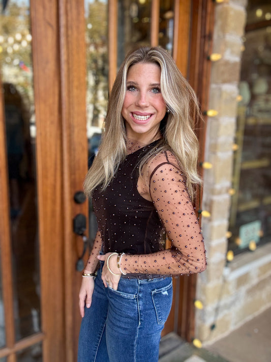 Mesh Bead and Pearl Embellished Long Sleeve