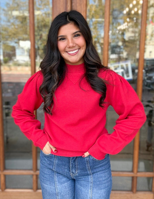 Red Mock Neck Puff Sweater