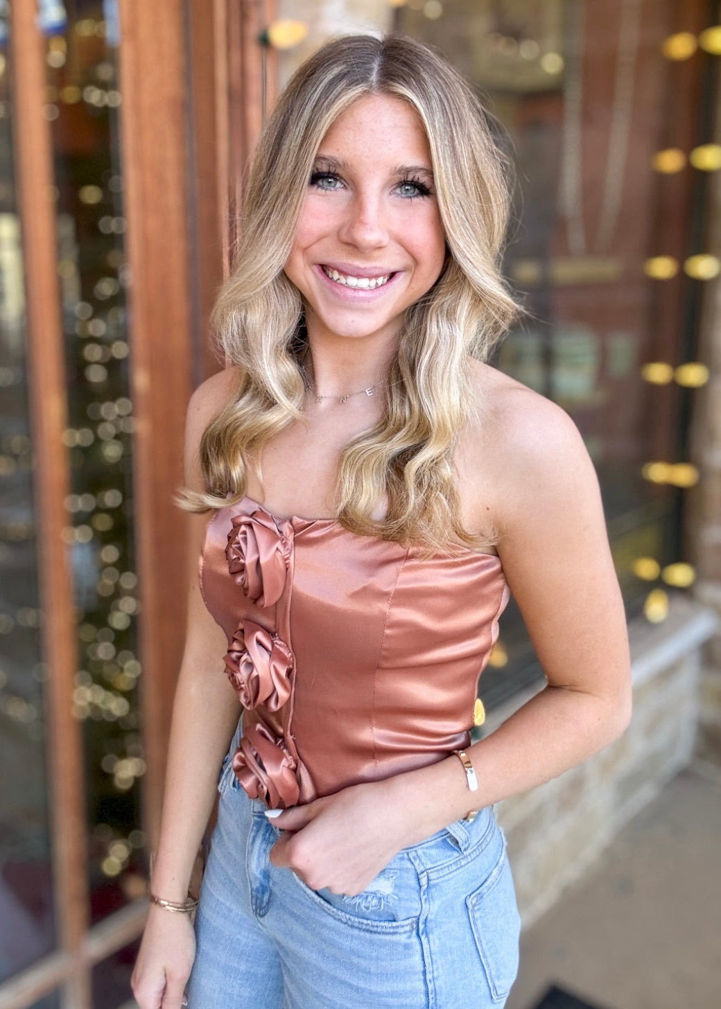 Top | Strapless Satin Top with Rose Details & Smocked Back