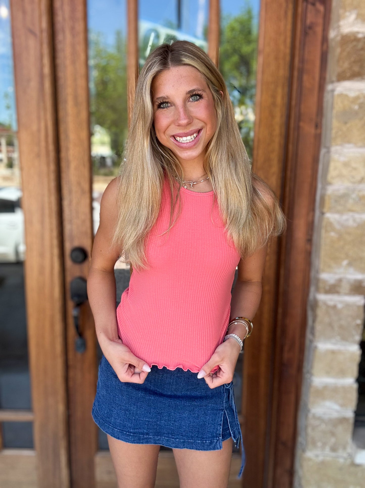 Tank - Coral Ribbed Scoop Neck